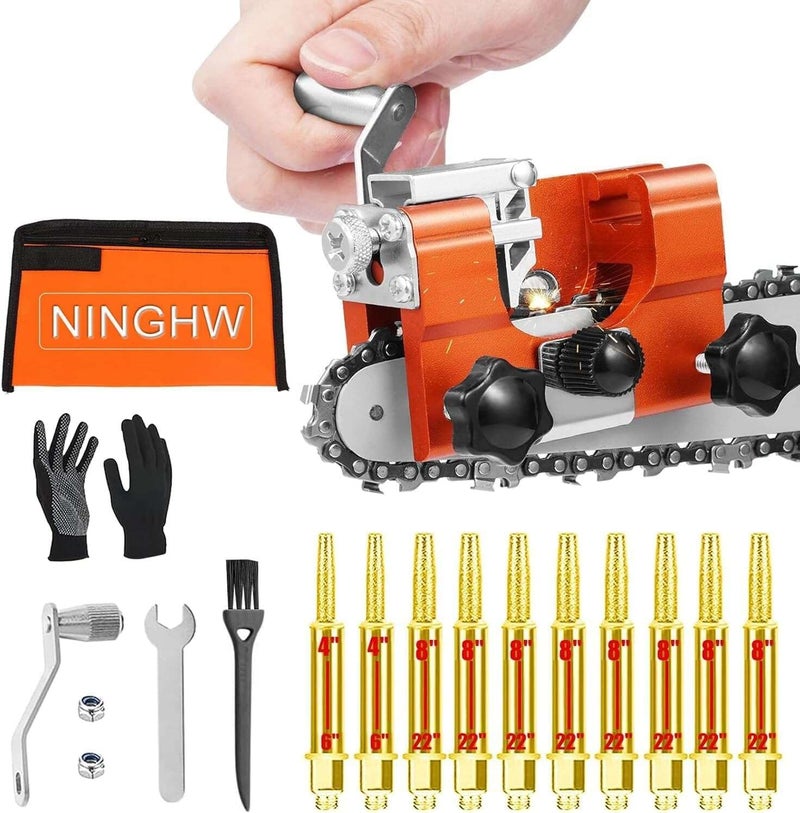 NINGHW Chainsaw Sharpener Jig, Upgraded Chain Saw Sharpener Tool, Hand Crank Chainsaw Sharpening Kit with 10 High Hardness Bits, Gloves, Bag and Brush, Portable Chainsaw Blade Sharpener for 6"-22" Chain Saws - Image 1